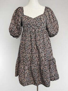 Billabong Be Mine Floral Puff-Sleeve Mini Dress - Black Multi Size Large